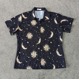 Rumwe Moon and Sun Black Celestial Casual Button Down Shirt Size Small Oversized